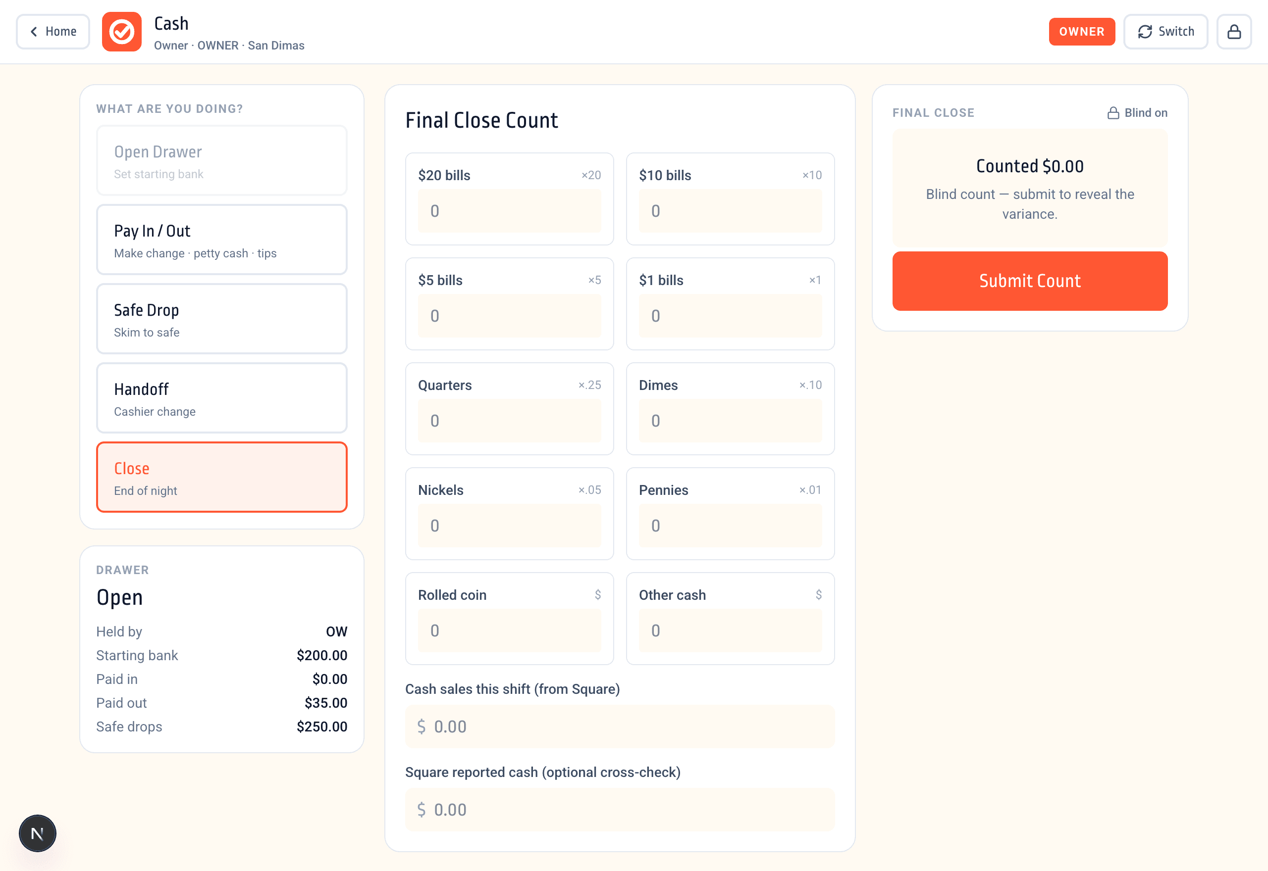 Cash reconciliation — open drawer with pay-outs, safe drops, and the count workflow