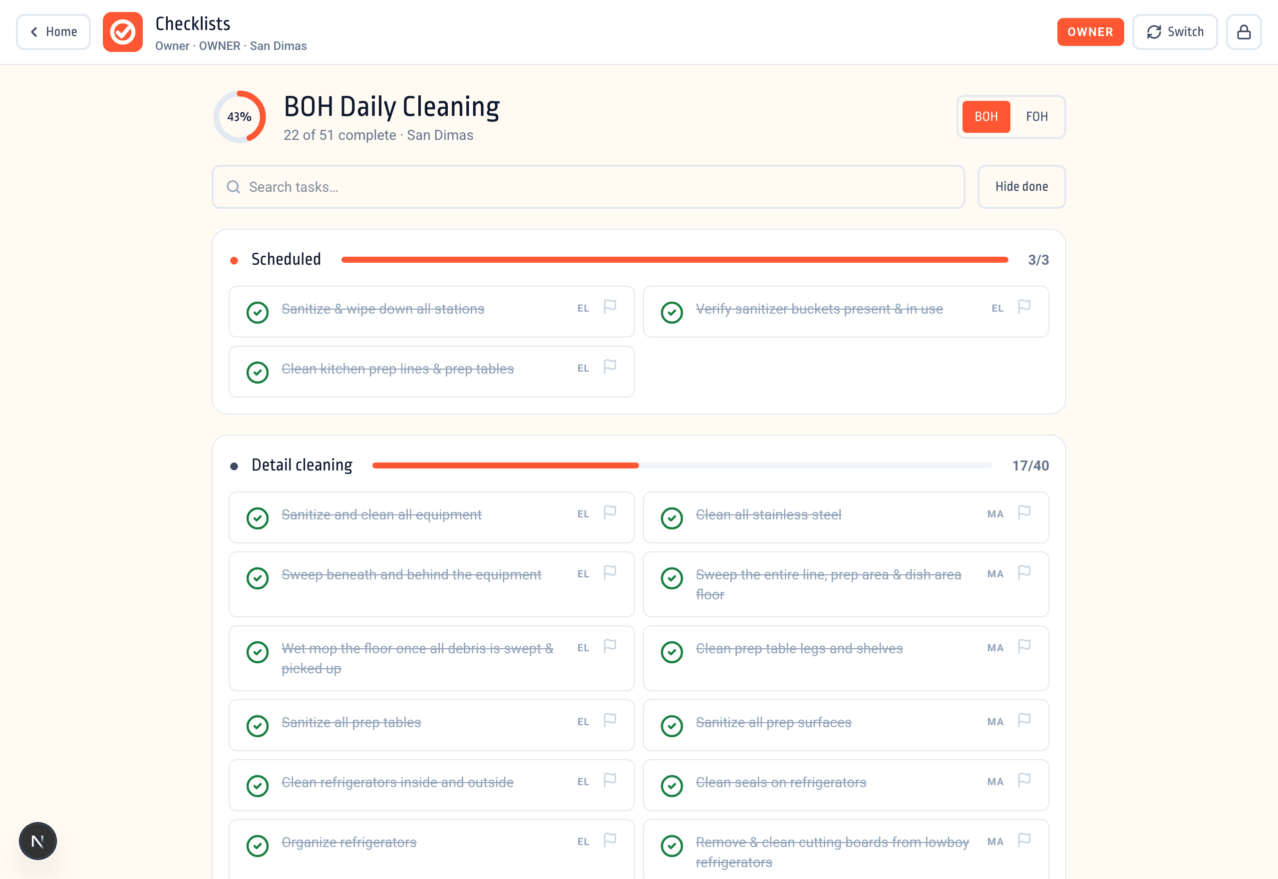 Ops checklists — BOH cleaning queue with progress and a flagged issue
